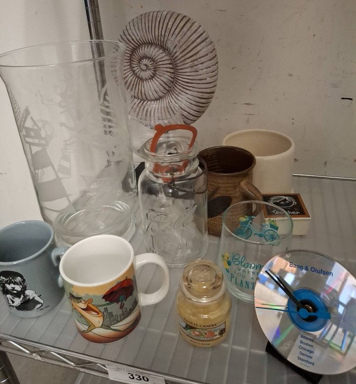 Mugs, Jars, Clock, Candle, Decor Lot