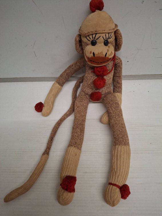 Sock Monkey Knit Plush Doll with Red Accents