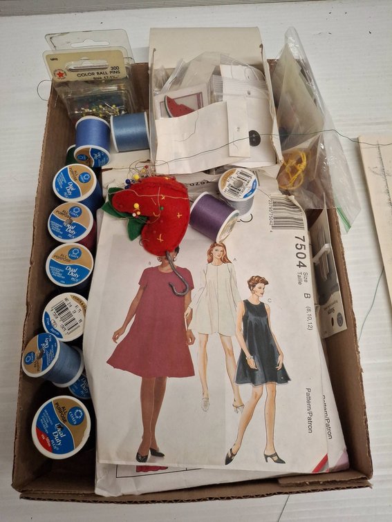 Sewing Notions Box With Patterns & Thread