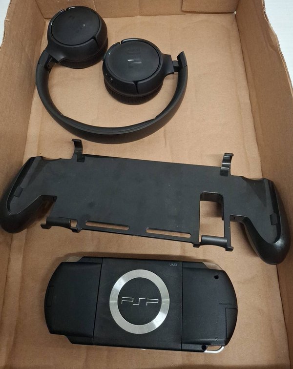 Sony PSP Console, JBL Headphones, Game Grip