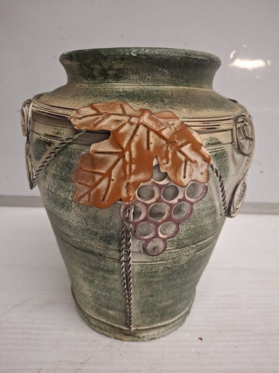 9" Green Ceramic Vase With Grape Relief Design
