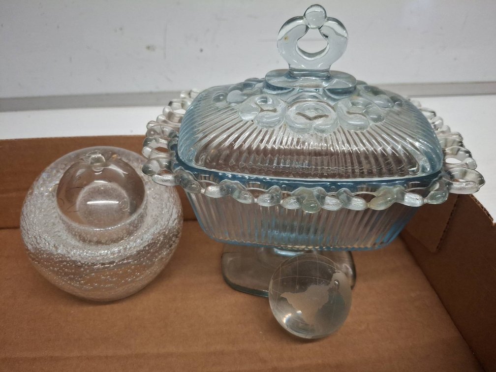 Glass Covered Dish, Art Glass Sphere, Globe Paperweight