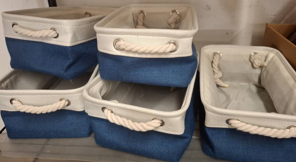 5 Blue and White Fabric Storage Bins