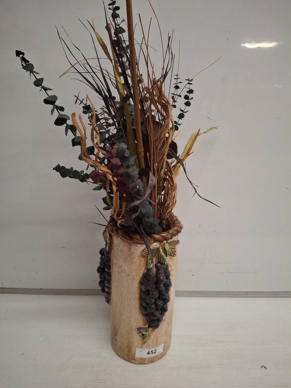 Ceramic Vase with Grapevine Relief & Faux Florals 29" over-all