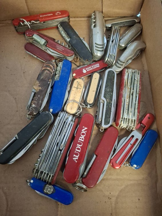 Box Lot of Assorted Multi-Tool Pocket Knives