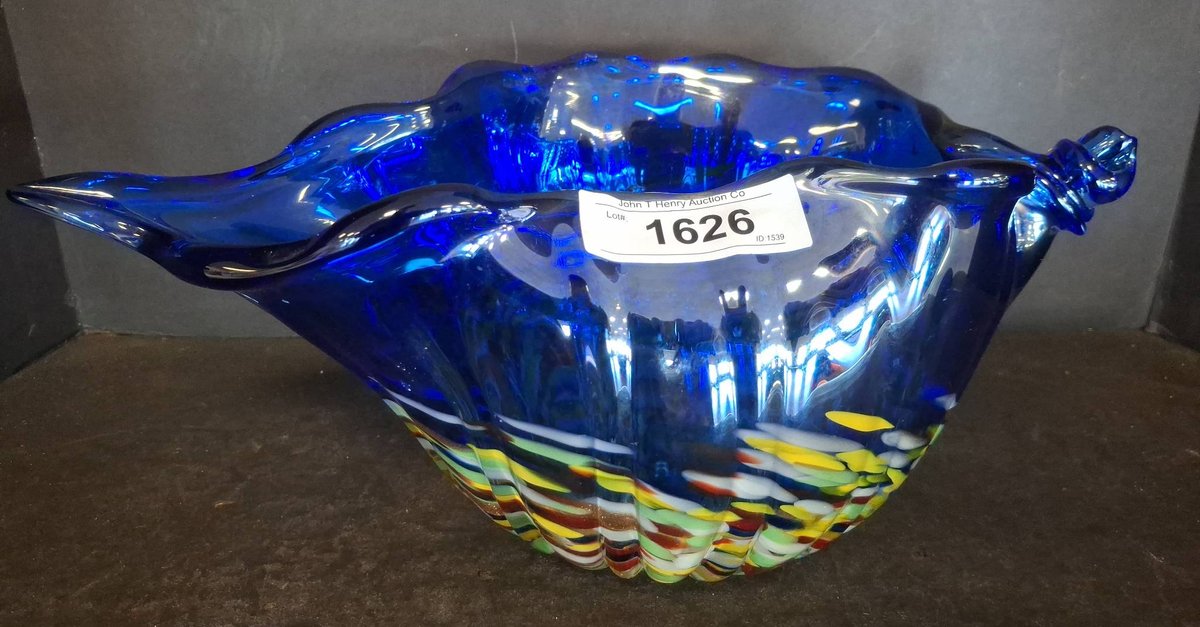 Blue Art Glass Bowl With Multicolor Accents