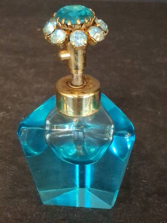 Blue Glass Perfume Bottle with Jeweled Stopper