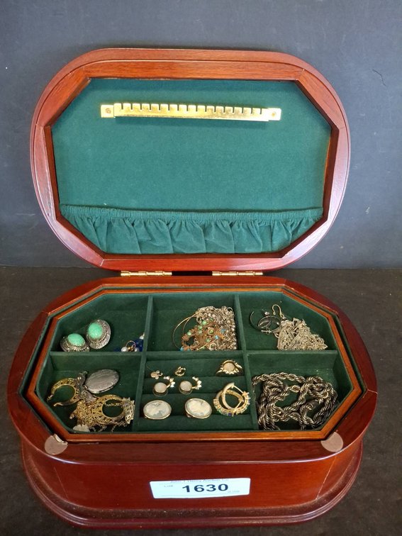 Wood Jewelry Box With Assorted Costume Jewelry