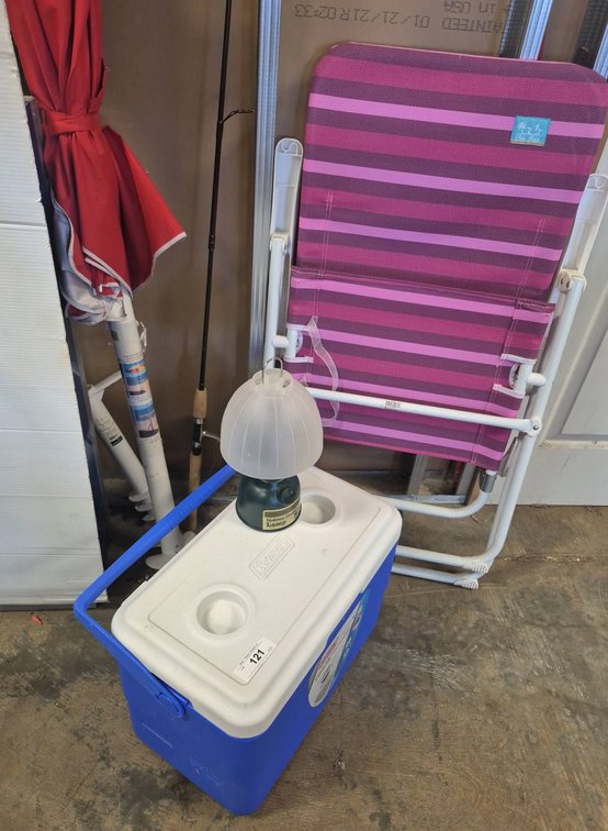Beach Chair, Coleman Cooler, Fishing Rod Set