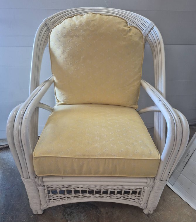 Braxton Culler White Rattan Armchair w/ Yellow Cushions