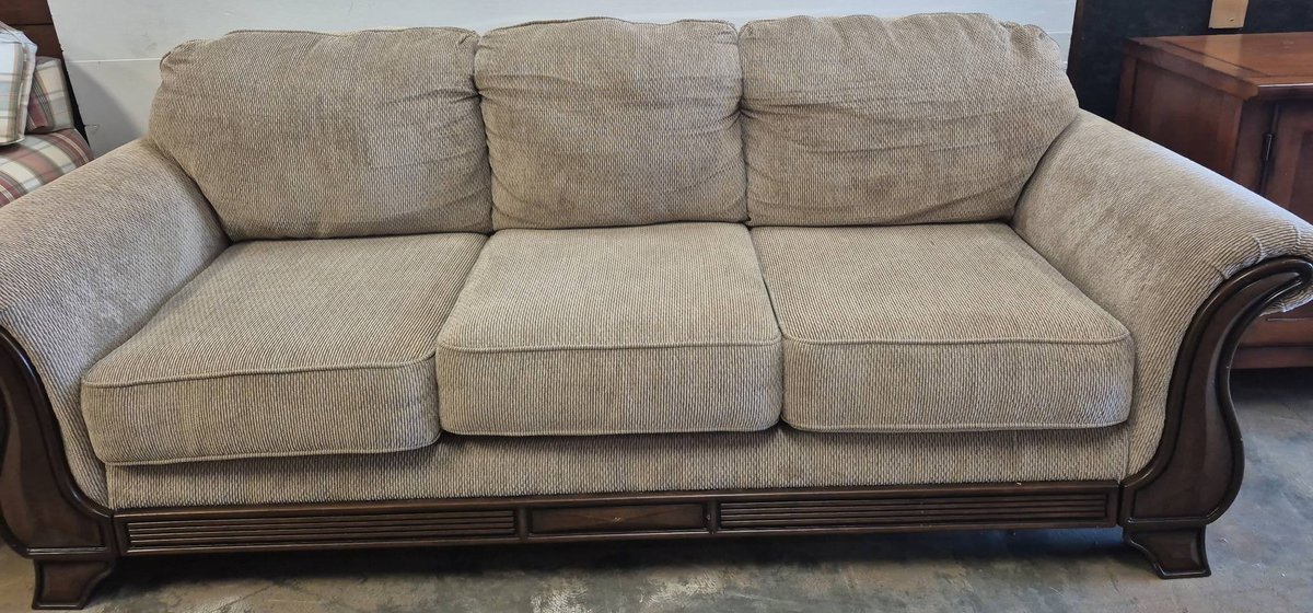 Beige Ashley Furniture Upholstered Sofa with Wood Trim, 88in