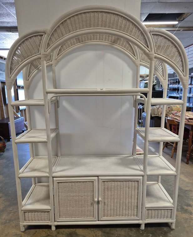 White Wicker and Bamboo Etagere Cabinet