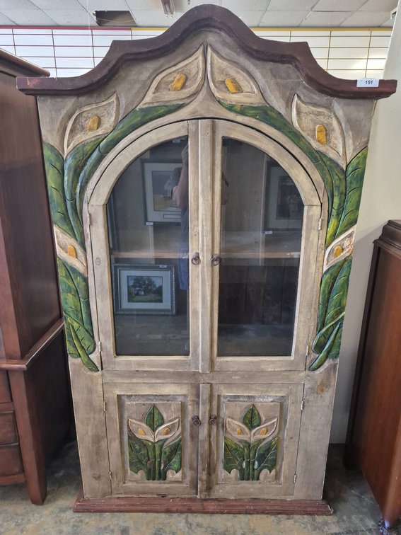 Hand-Carved Painted Wood Cabinet With Glass Doors