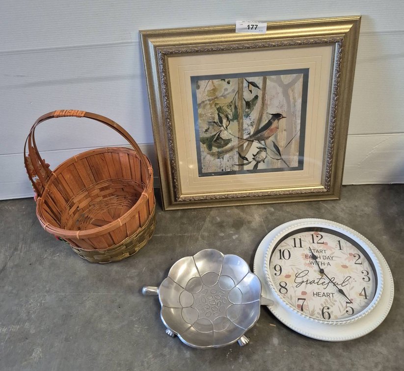 Framed Art, Basket, Clock, Metal Dish Lot