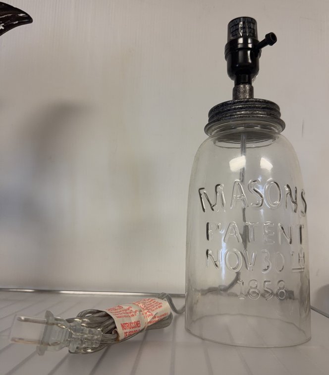 Mason Jar Lamp Base, 14in Height, Patent Nov 30 1858