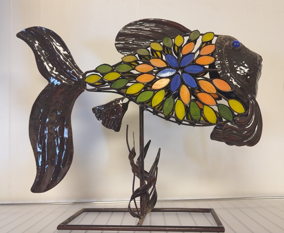 Metal And Stained Glass Fish Sculpture 16x12