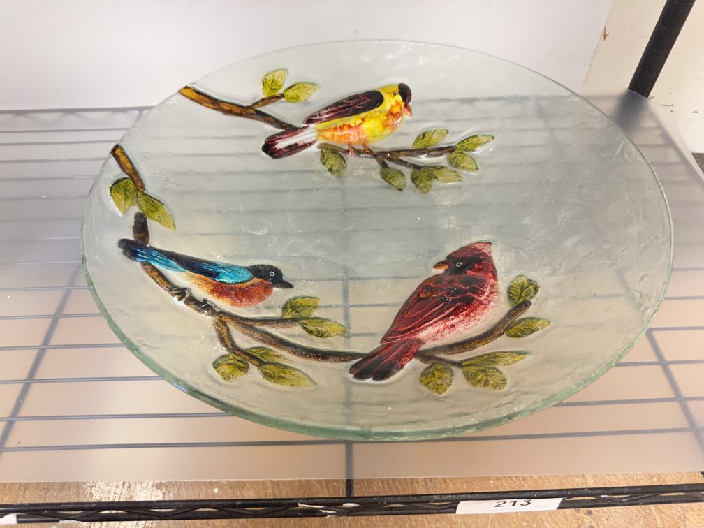 19in Glass Bowl with Colorful Bird Motif