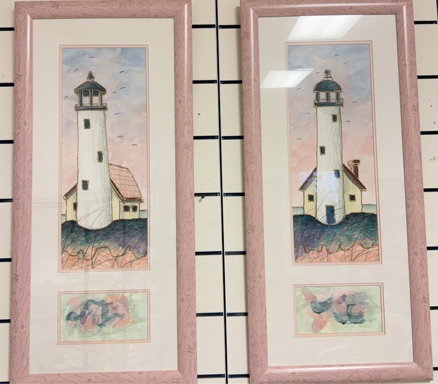 Pair Framed Lighthouse Art Prints 19x39