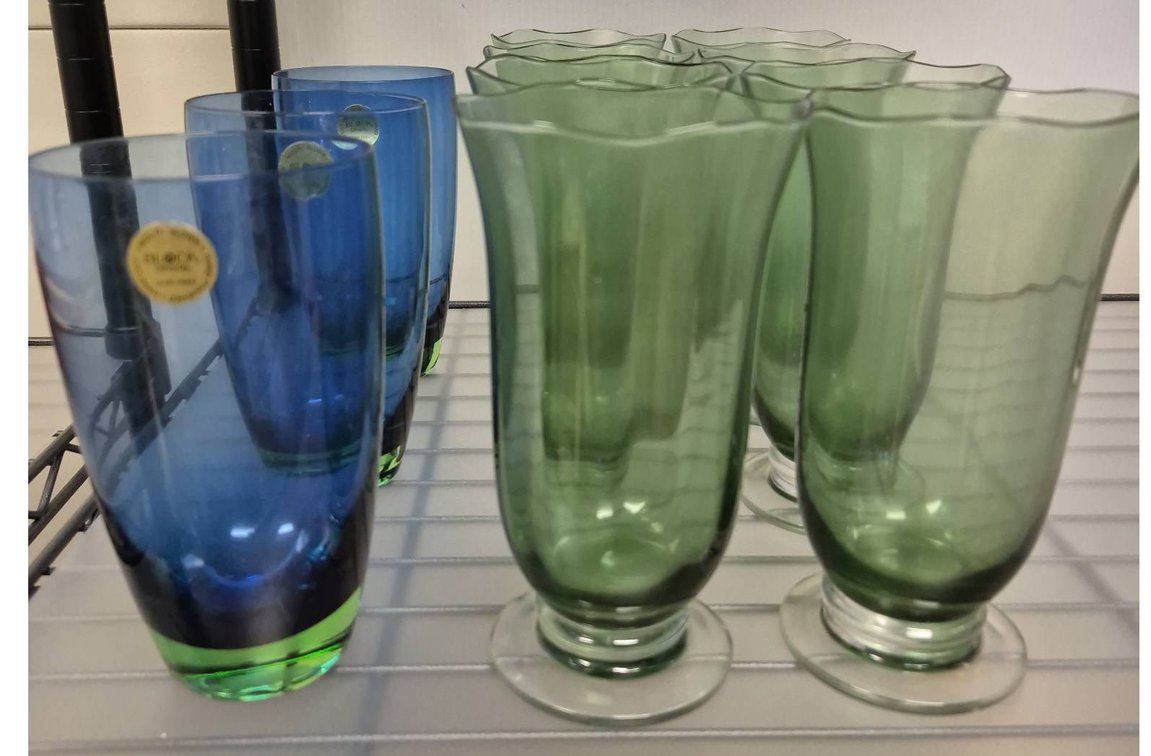 Block Crystal Blue & Green Glass Tumblers, 11pc