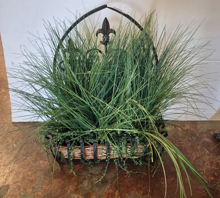 Wicker Basket With Faux Grass and Iron Fleur Accent