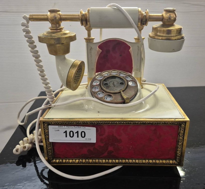 Rotary Dial Telephone With Gold And Red Accent