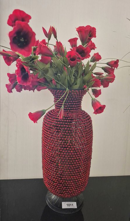 Beaded Vase With Red Silk Flowers, 7x33 in