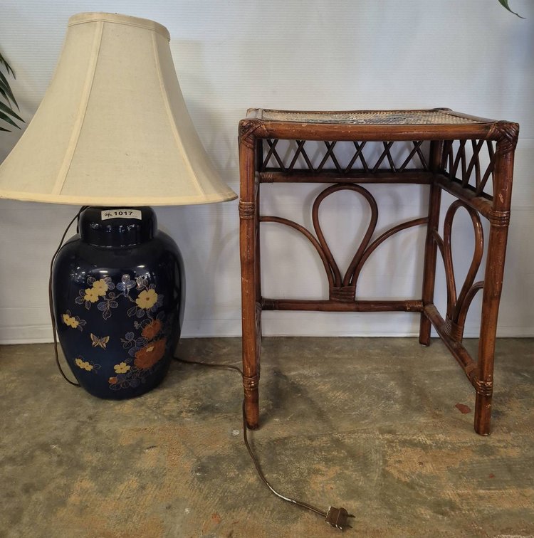 Ceramic Floral Lamp and Wicker Stool, 16x12x20
