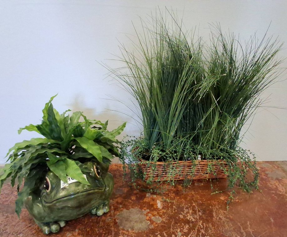 Frog Ceramic Planter & Grass Basket, Tallest 20"