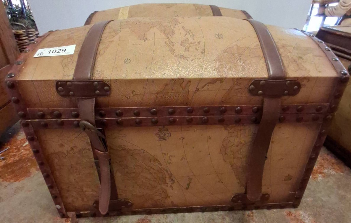 2 Dome Trunks with Map Print, 22x13x15
