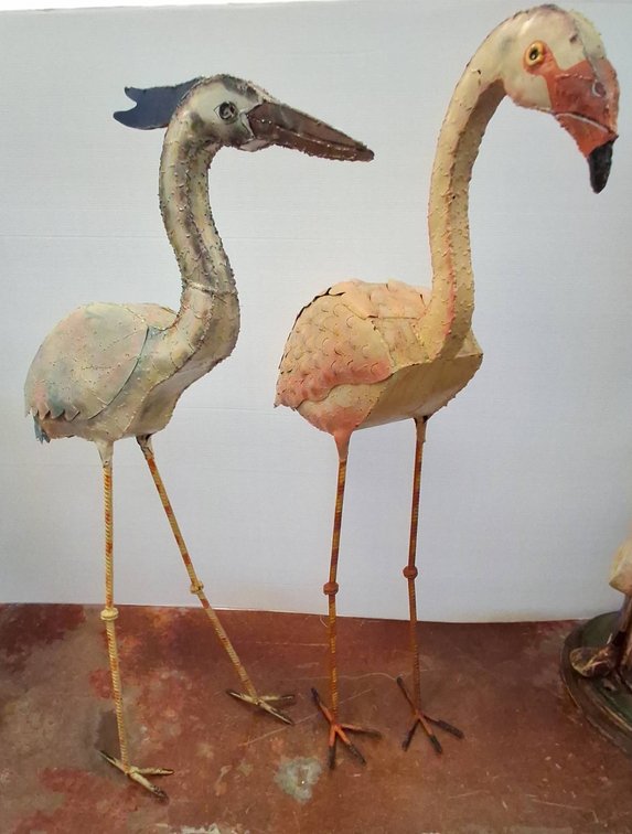 Pair Metal Bird Sculptures Heron & Flamingo