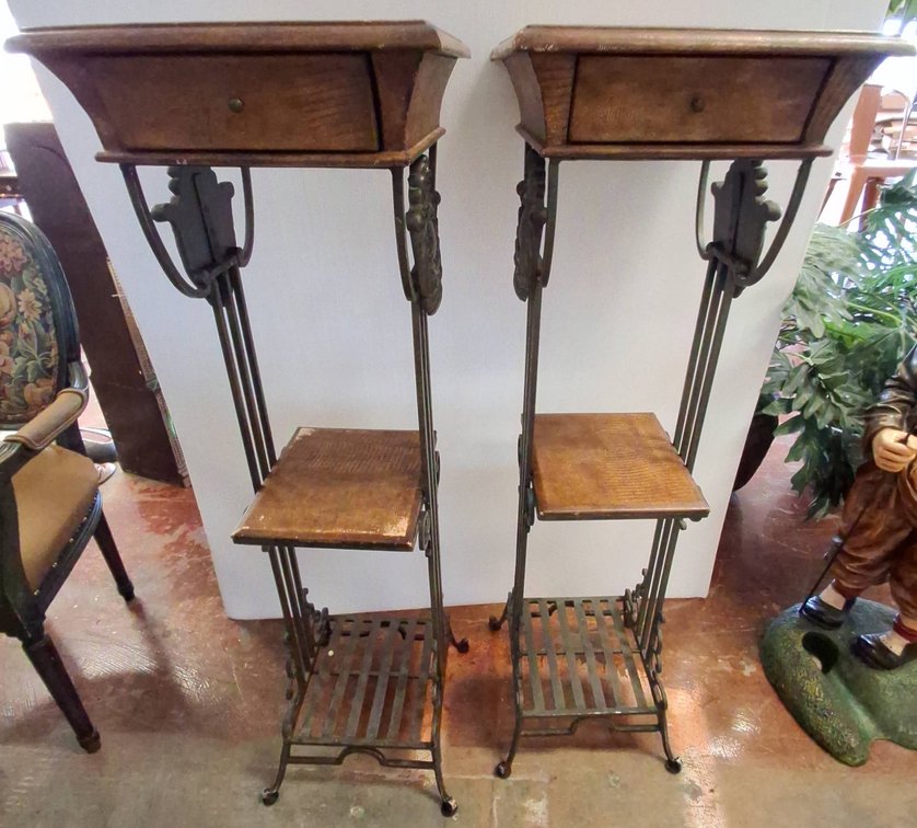 Pair Wood and Metal Plant Stands with Drawers