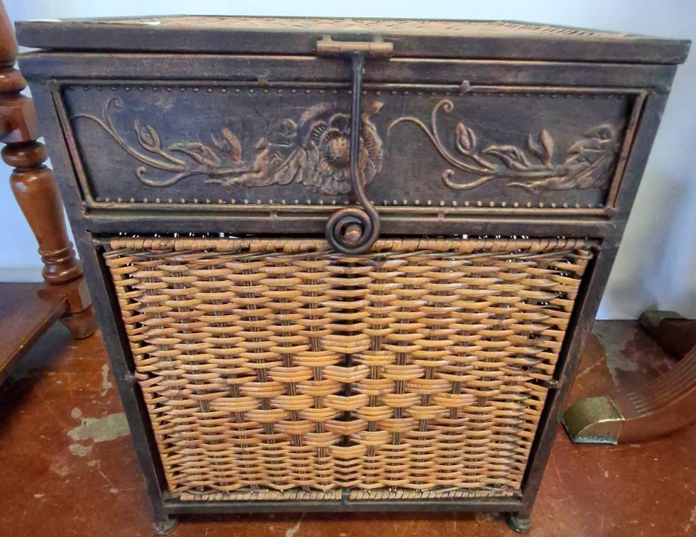 Wicker Basket Metal Bin with Embossed Floral Trim