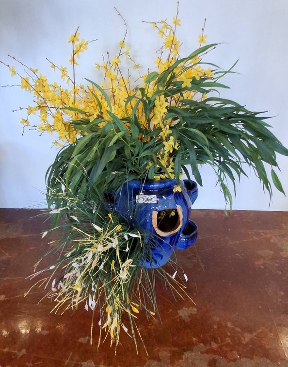 Blue Ceramic Planter with Faux Floral Arrangement
