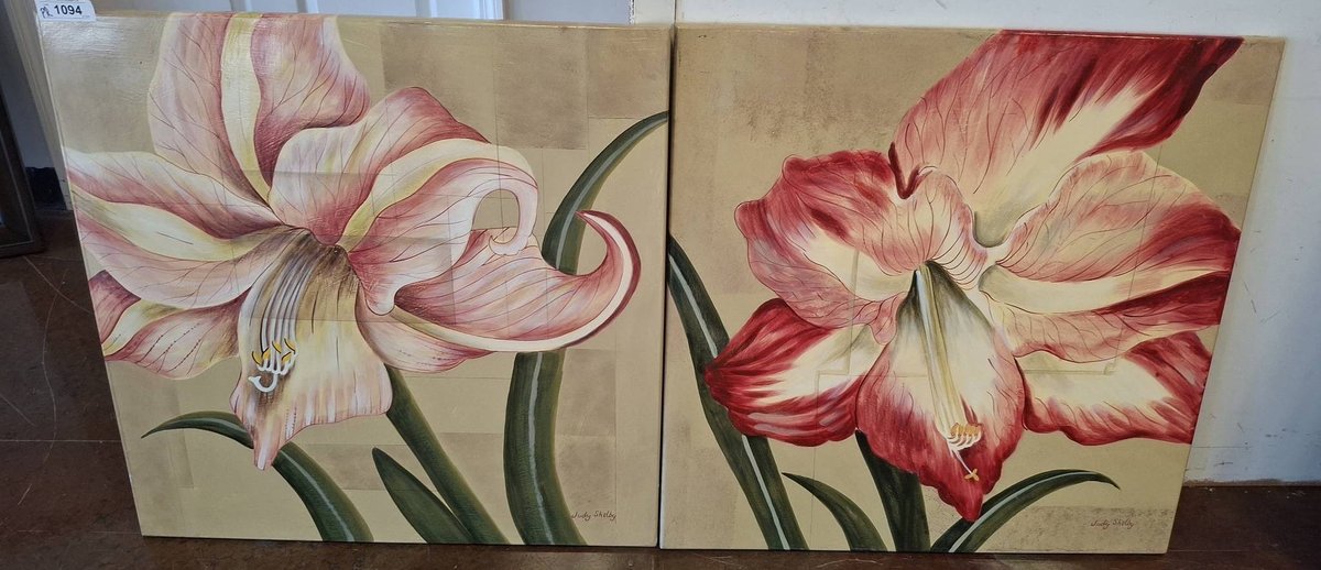 Pair Hand-Painted Floral Art by Judy Shelby 29x29