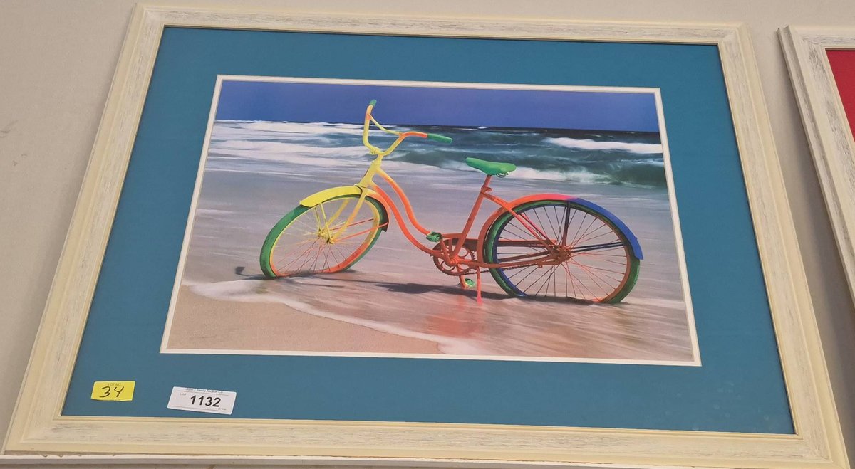 Framed Print of Colorful Bicycle on Beach 33x27