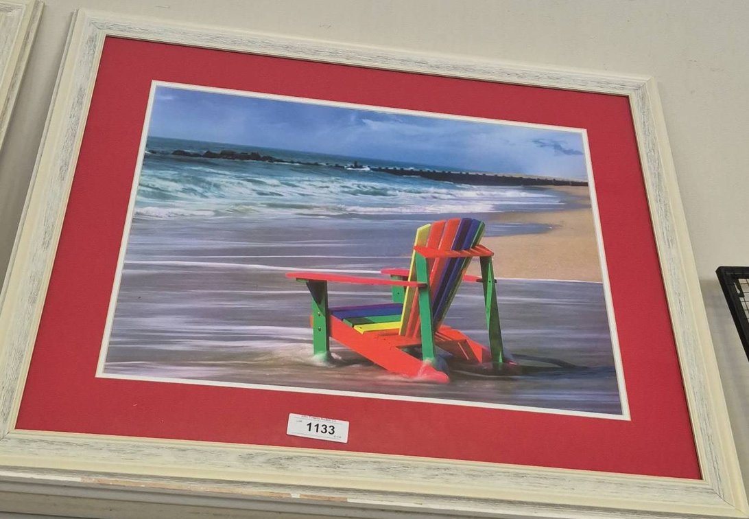 Framed Beach Print With Colorful Chair 33x27