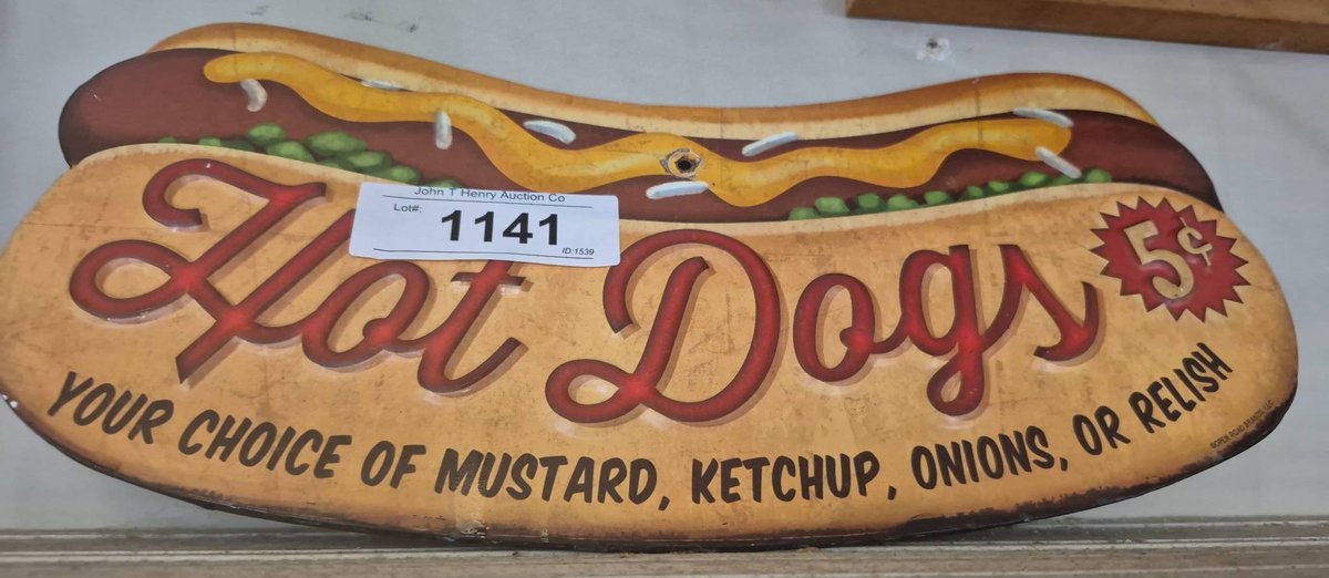 Metal Hot Dogs 5¢ Sign 12x6in