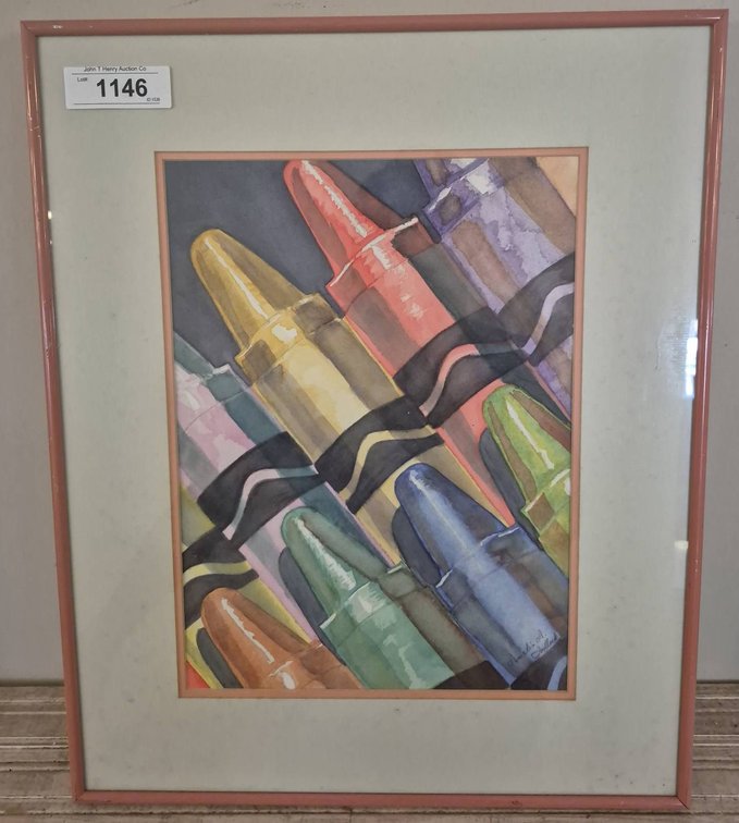 Framed Crayon Watercolor Art Signed 17x21"