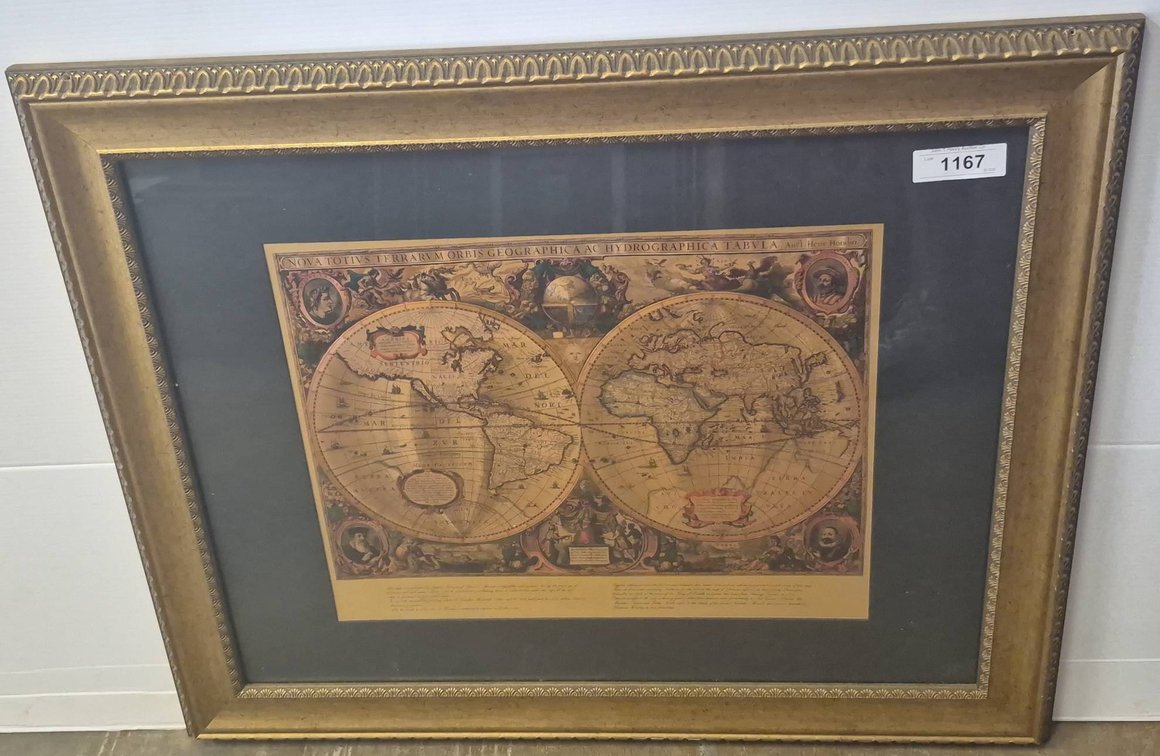 Framed World Map Reproduction, Double Hemisphere