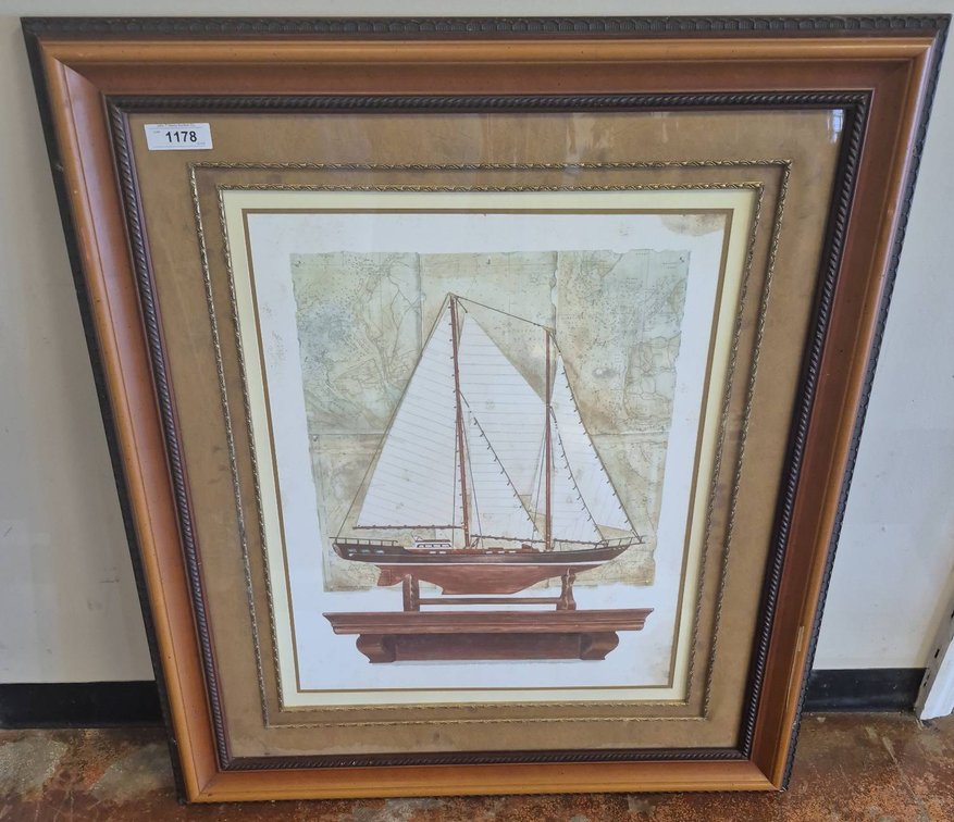 Framed Sailboat Print With Map Background 37x42