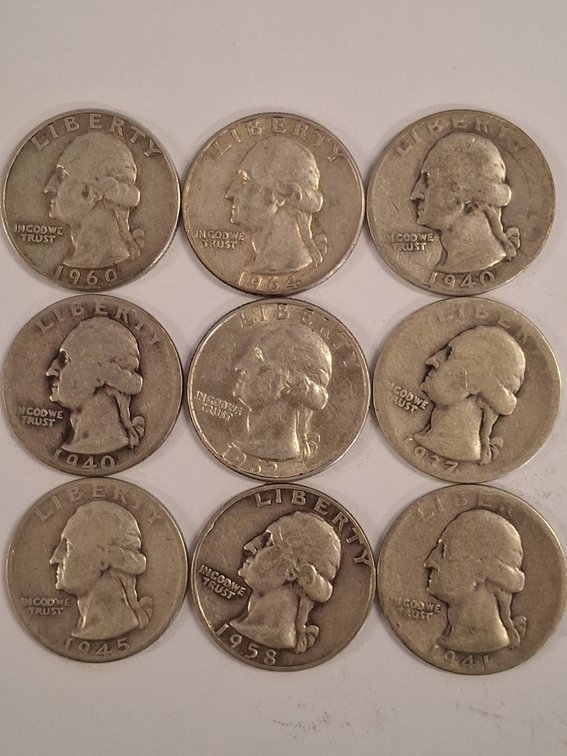 9 Washington Quarters Mixed Years 1940-1960