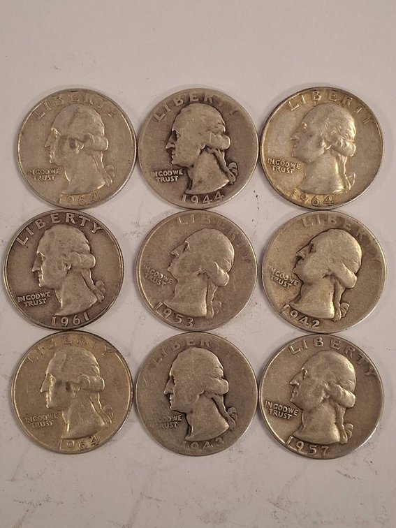 9 Washington Silver Quarters 1942-1964