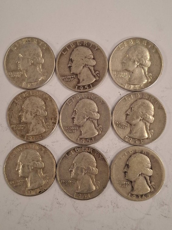 9 Silver Washington Quarters 1951–1964