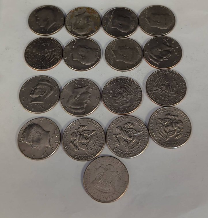 17 Kennedy Half Dollars, Assorted Dates
