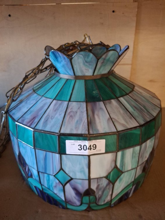 Stained Glass Hanging Lamp Shade, 15"×13" shows damage