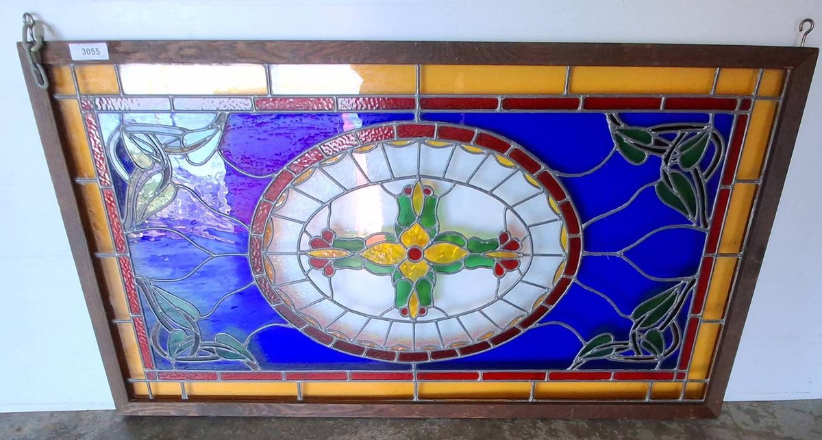 Stained Glass Window Panel With Wood Frame, 57x31