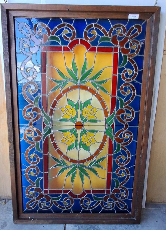 Framed Stained Glass Panel with Floral Motif 42x66