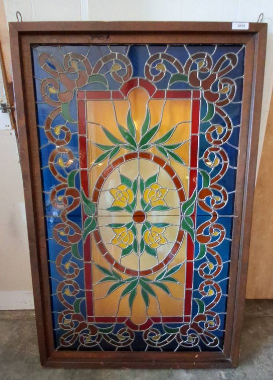 Framed Stained Glass Panel With Floral Design 42x66