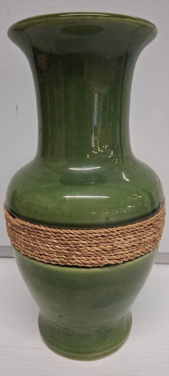Green Ceramic Vase with Woven Band, 13 Inch