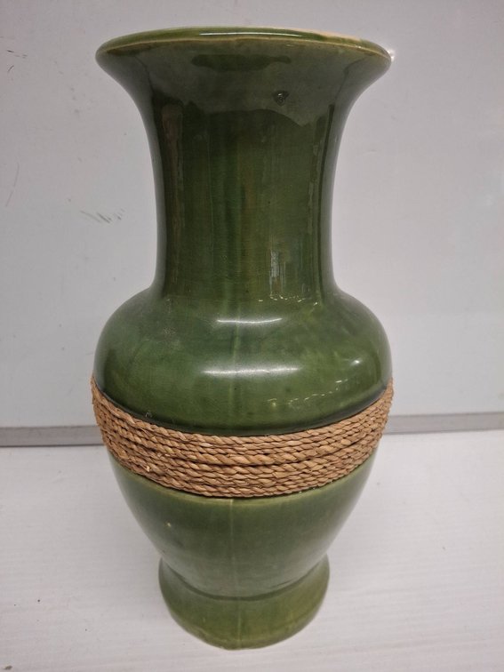 12" Green Ceramic Vase With Woven Band Accent